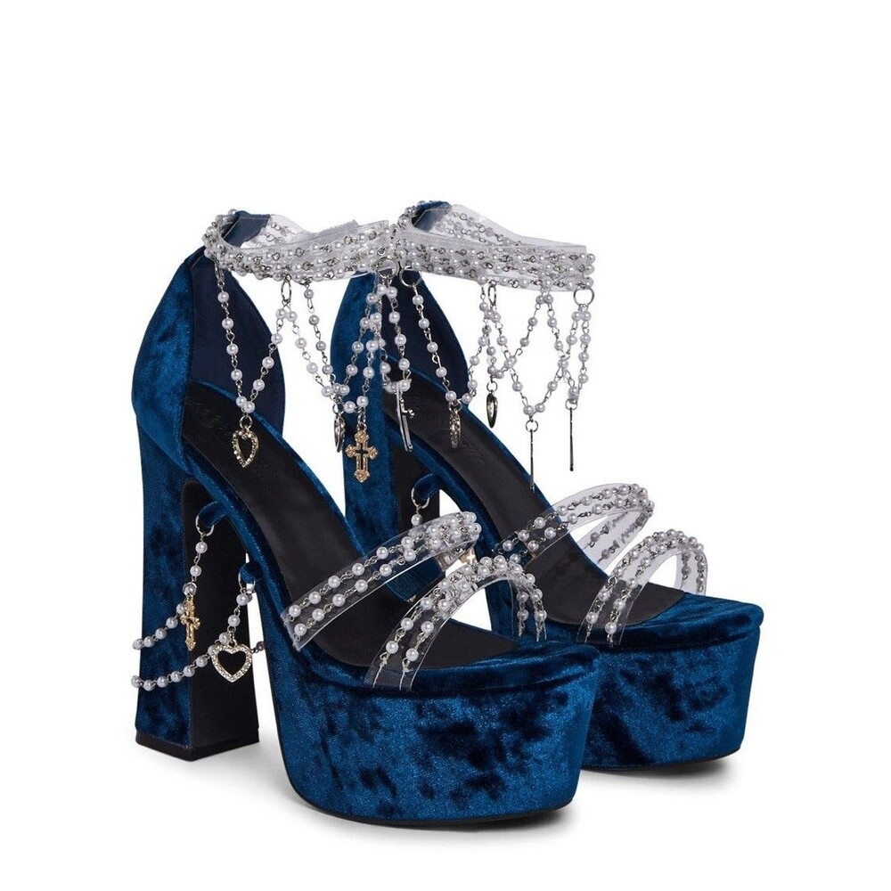 Sugar Thrillz Dollskill HOLY REVELATION PLATFORM HEELS SAPPHIRE Velvet Sz 10
